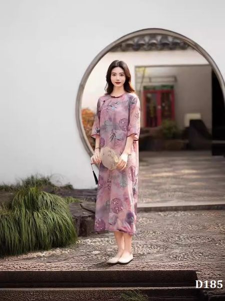  D185-Đầm Ramie Hoa Lá Nghệ Thuật 