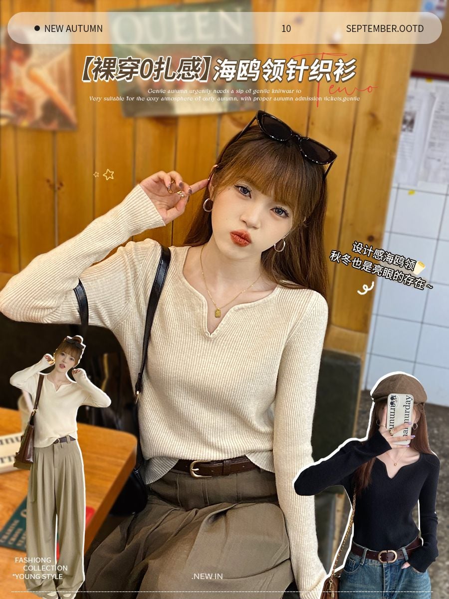  A760-Áo Len Thun Cổ V Tay Dài Cao Cấp Phong Cách Pháp Mùa Thu 