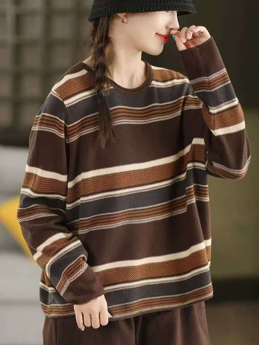  A762-Áo Len Dệt Kim Cotton Kẻ Sọc Hoài Cổ Mùa Thu 