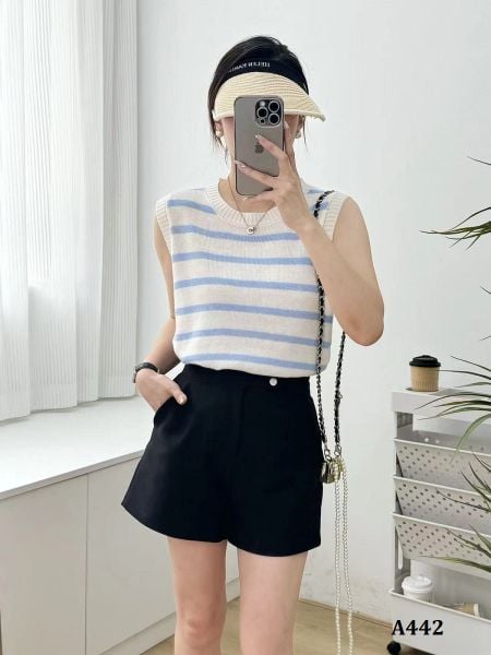  A442-Áo Len Lụa Kẻ Sọc Không Tay 