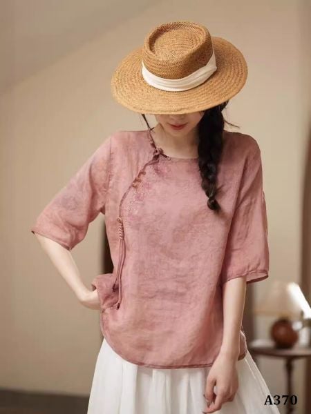  A370-Áo Ramie Thêu Hoa Cổ Điển 