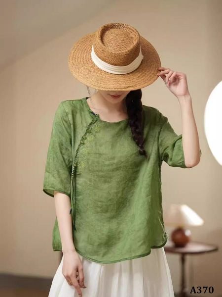  A370-Áo Ramie Thêu Hoa Cổ Điển 