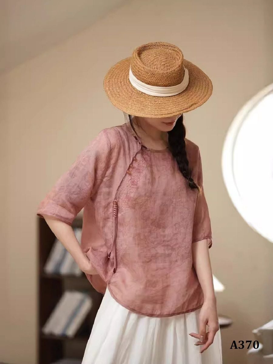  A370-Áo Ramie Thêu Hoa Cổ Điển 