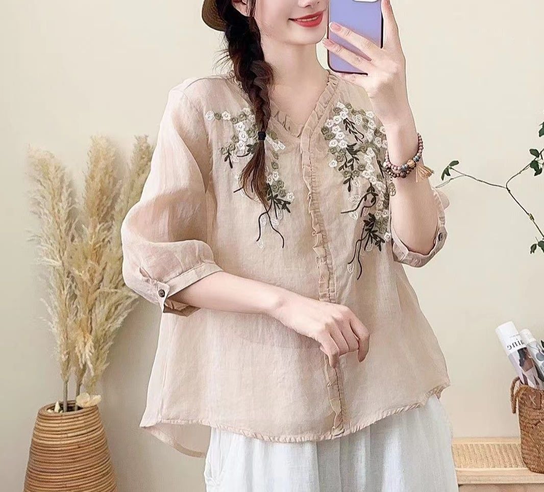  A237-Áo Ramie Thêu Hoa Cổ Nhún 