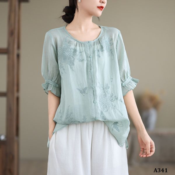  A341-Áo Ramie Thêu Hoa Tay Nút 