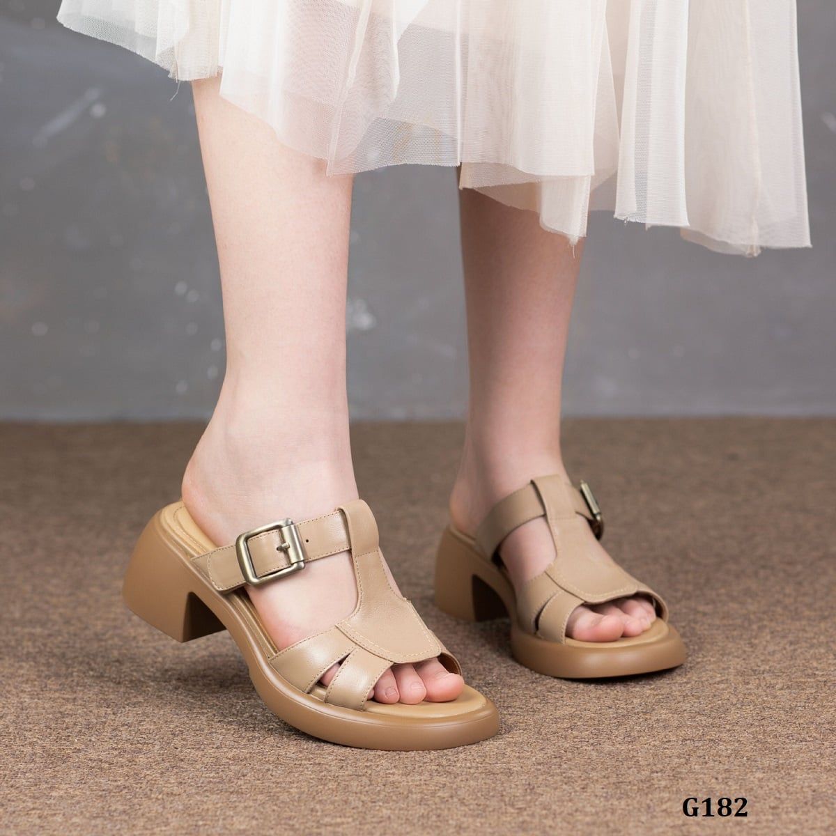  G182-Dép Da Thật Có Khóa Cao 6Cm 