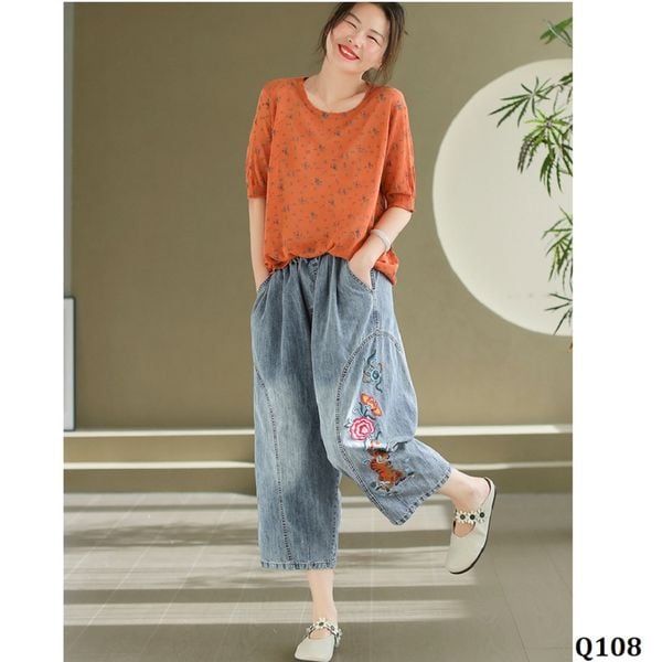  Q108-Quần Jeans Thổ Thêu Hoa 