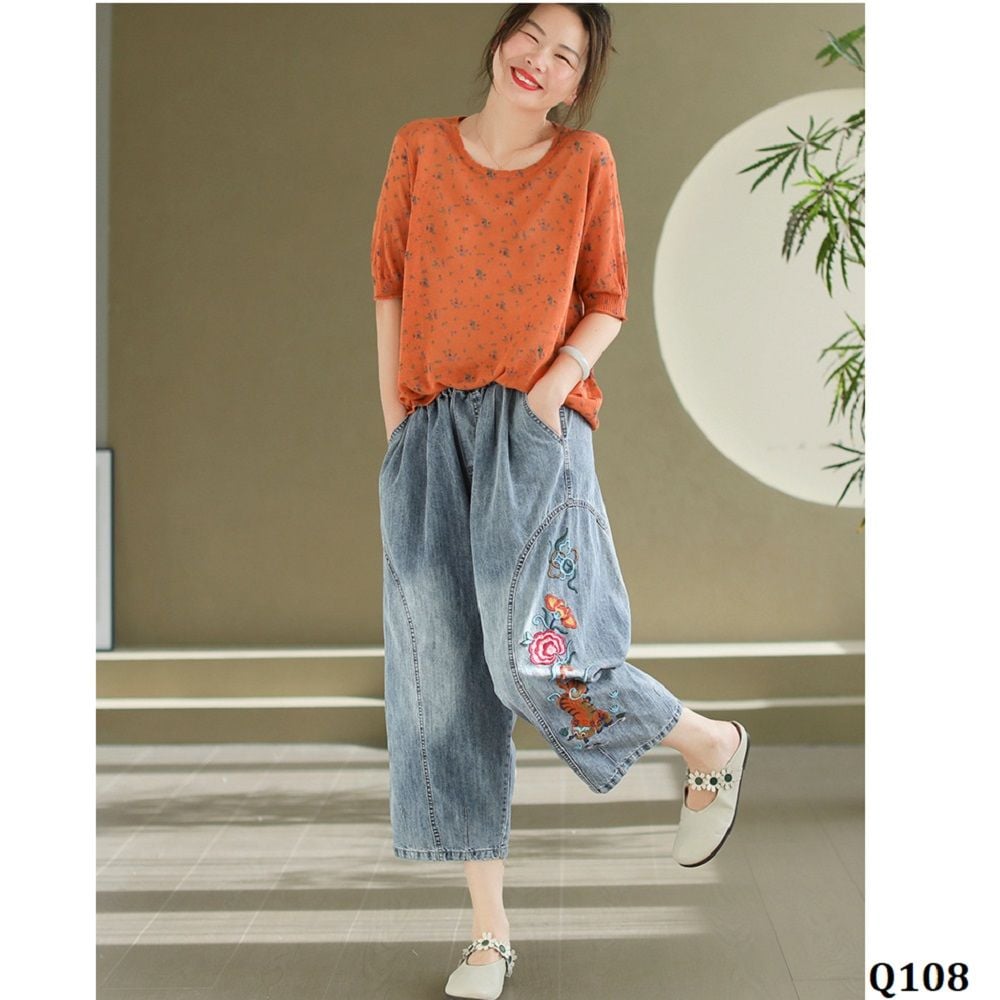  Q108-Quần Jeans Thổ Thêu Hoa 