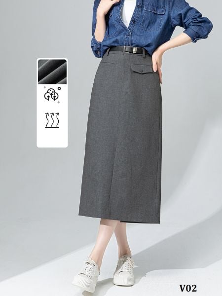  V02-Váy Lụa Len Cừu Co Dãn Xẻ Thẳng Túi Kiểu 