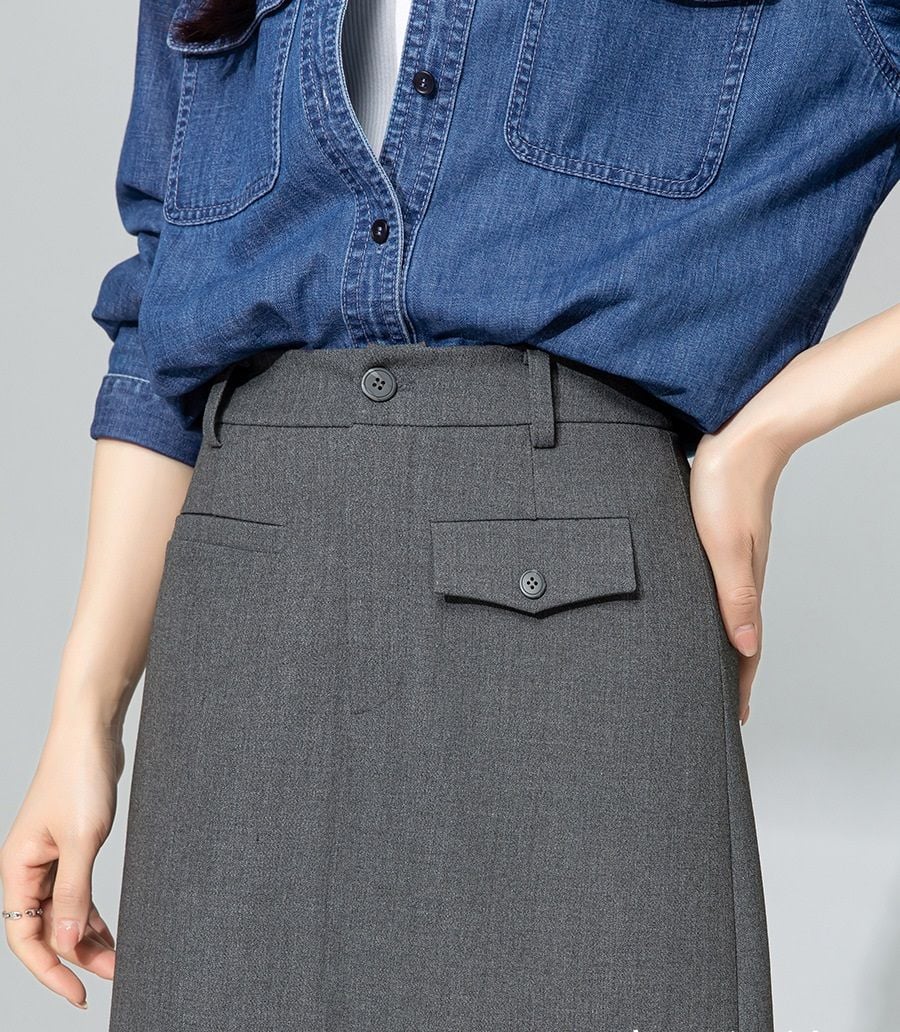  V02-Váy Lụa Len Cừu Co Dãn Xẻ Thẳng Túi Kiểu 