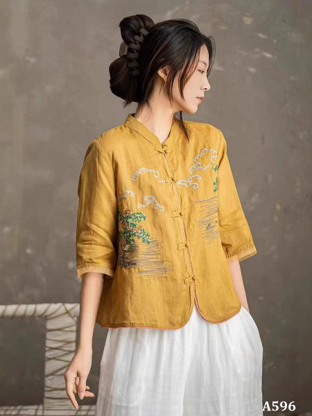  A596-Áo Ramie Cổ Đứng Thêu Cây Lá Nghệ Thuật Cổ Điển 