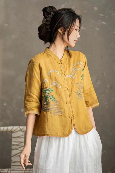  A596-Áo Ramie Cổ Đứng Thêu Cây Lá Nghệ Thuật Cổ Điển 