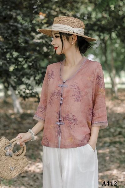  A412-Áo Ramie Tay Lỡ Nút Vải Nghệ Thuật 