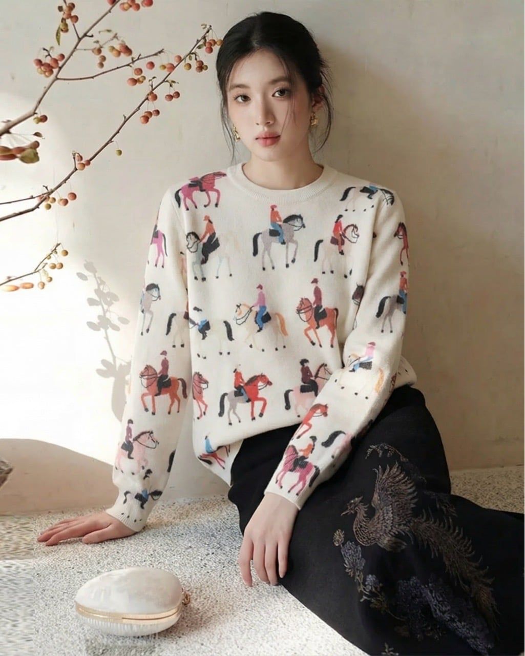  A822-Áo Len Dệt Kim Ngựa Phi Mùa Thu 