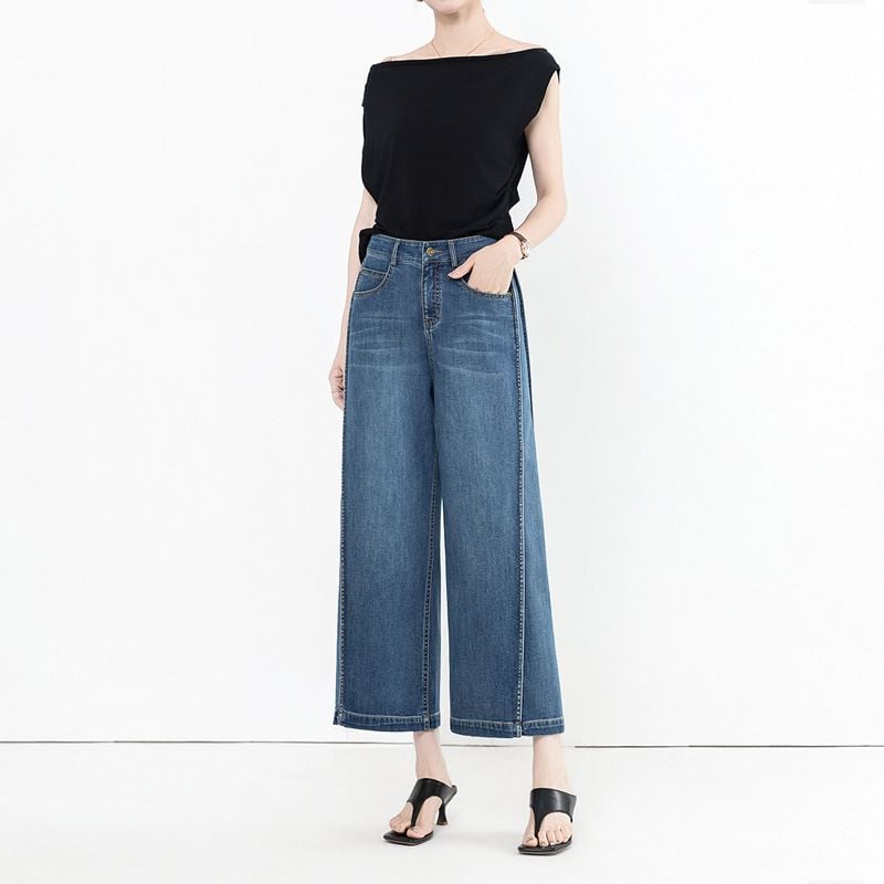  Q299-Quần Jeans Ống Suông Sườn Cách Điệu 9 Tấc 