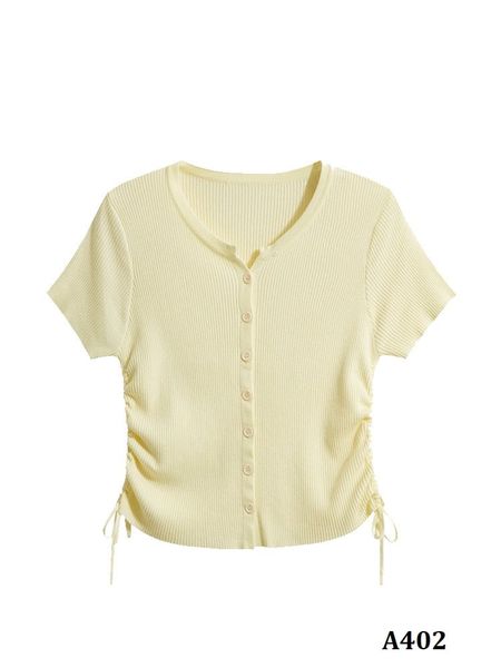  A402-Áo Len Lụa Băng Ngắn Tay Nhiều Nút Rút Eo 