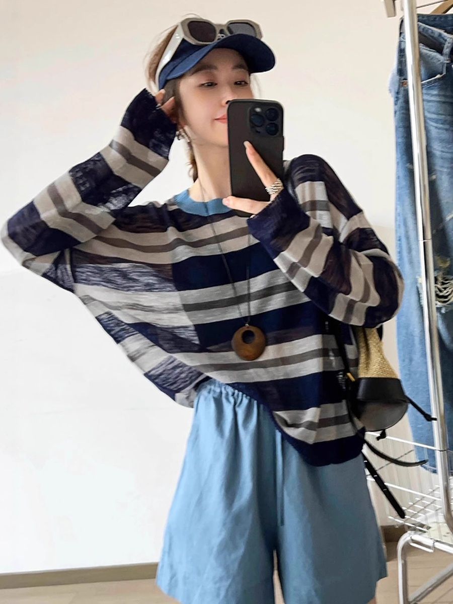  A697-Áo Len Lụa Băng Dài Tay Kẻ Sọc Rộng Rãi 