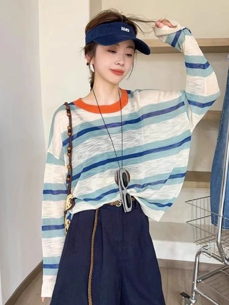  A697-Áo Len Lụa Băng Dài Tay Kẻ Sọc Rộng Rãi 