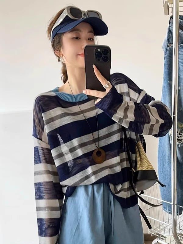  A697-Áo Len Lụa Băng Dài Tay Kẻ Sọc Rộng Rãi 