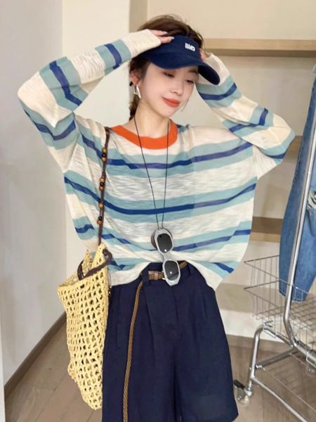  A697-Áo Len Lụa Băng Dài Tay Kẻ Sọc Rộng Rãi 