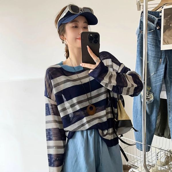  A697-Áo Len Lụa Băng Dài Tay Kẻ Sọc Rộng Rãi 