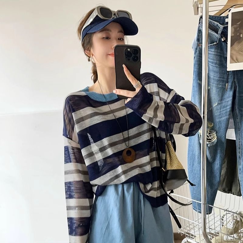  A697-Áo Len Lụa Băng Dài Tay Kẻ Sọc Rộng Rãi 