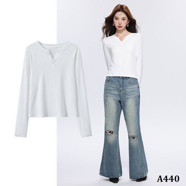  A440-Áo Len Lụa Cổ V Dài Tay 