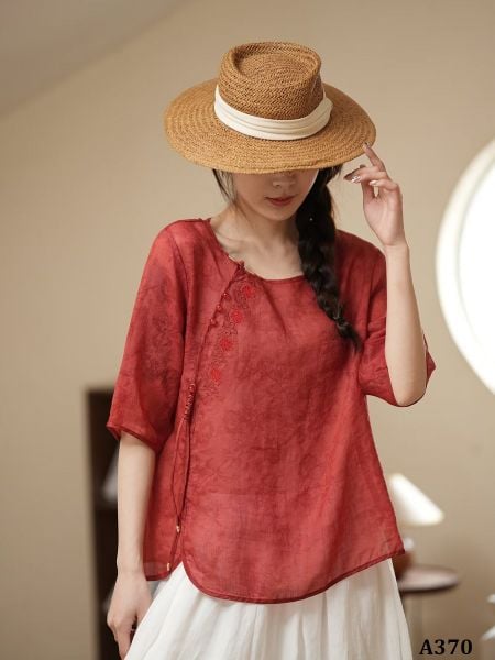  A370-Áo Ramie Thêu Hoa Cổ Điển 