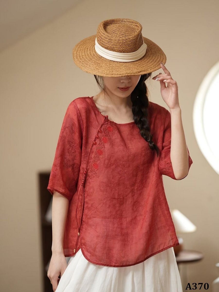  A370-Áo Ramie Thêu Hoa Cổ Điển 