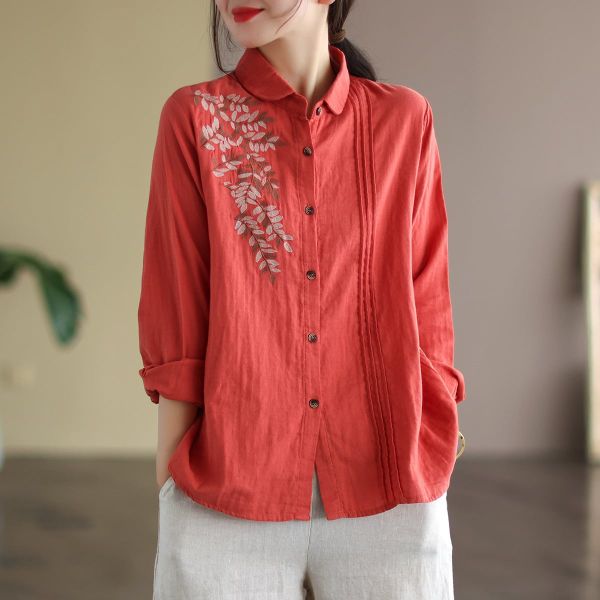  A527-Áo Thêu Nhánh Lá Xếp Ly Dài Tay 