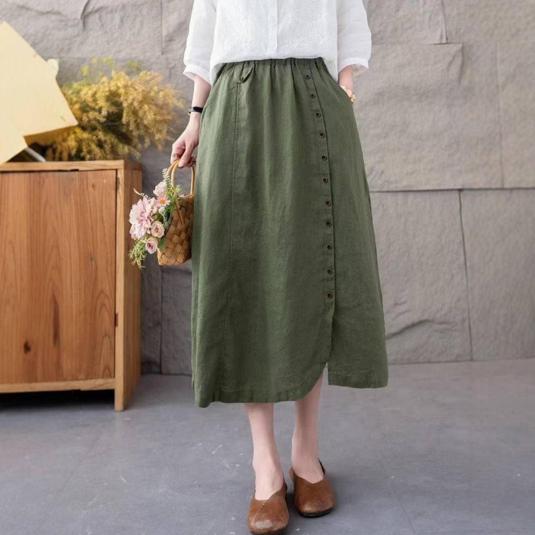  Q253-Chân Váy Linen Điểm Nút 