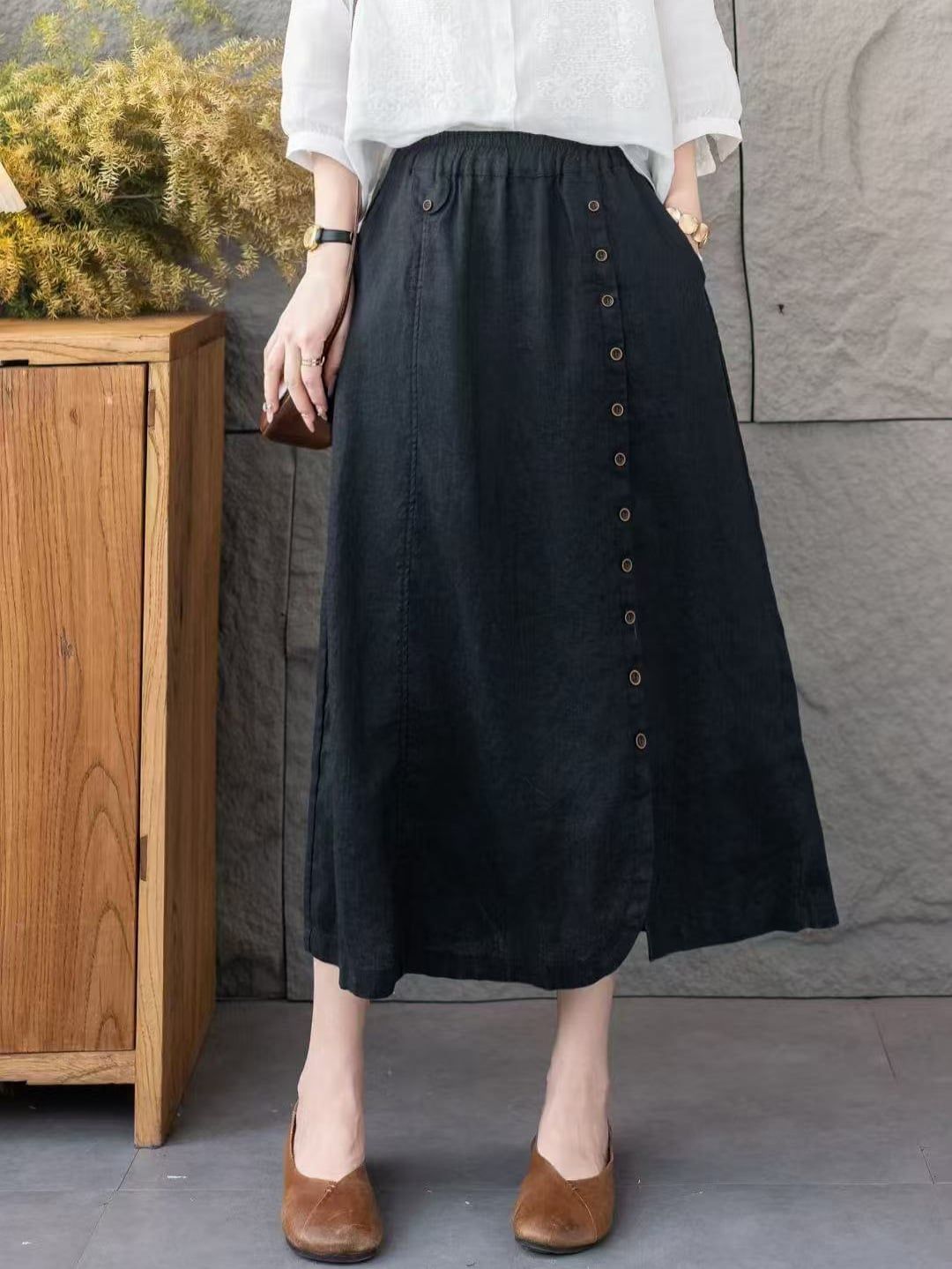  Q253-Chân Váy Linen Điểm Nút 