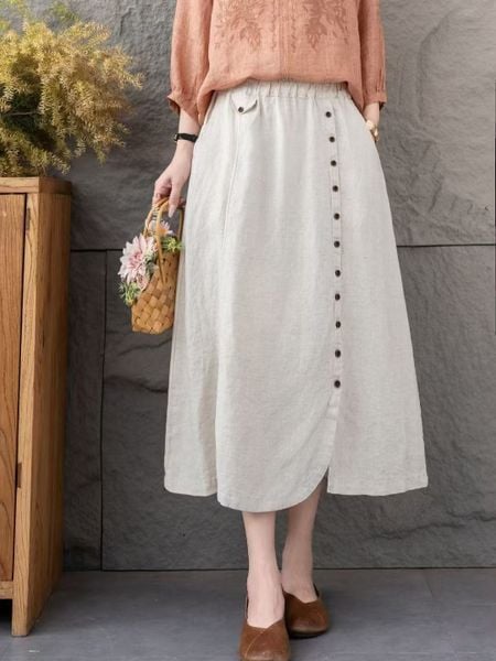  Q253-Chân Váy Linen Điểm Nút 
