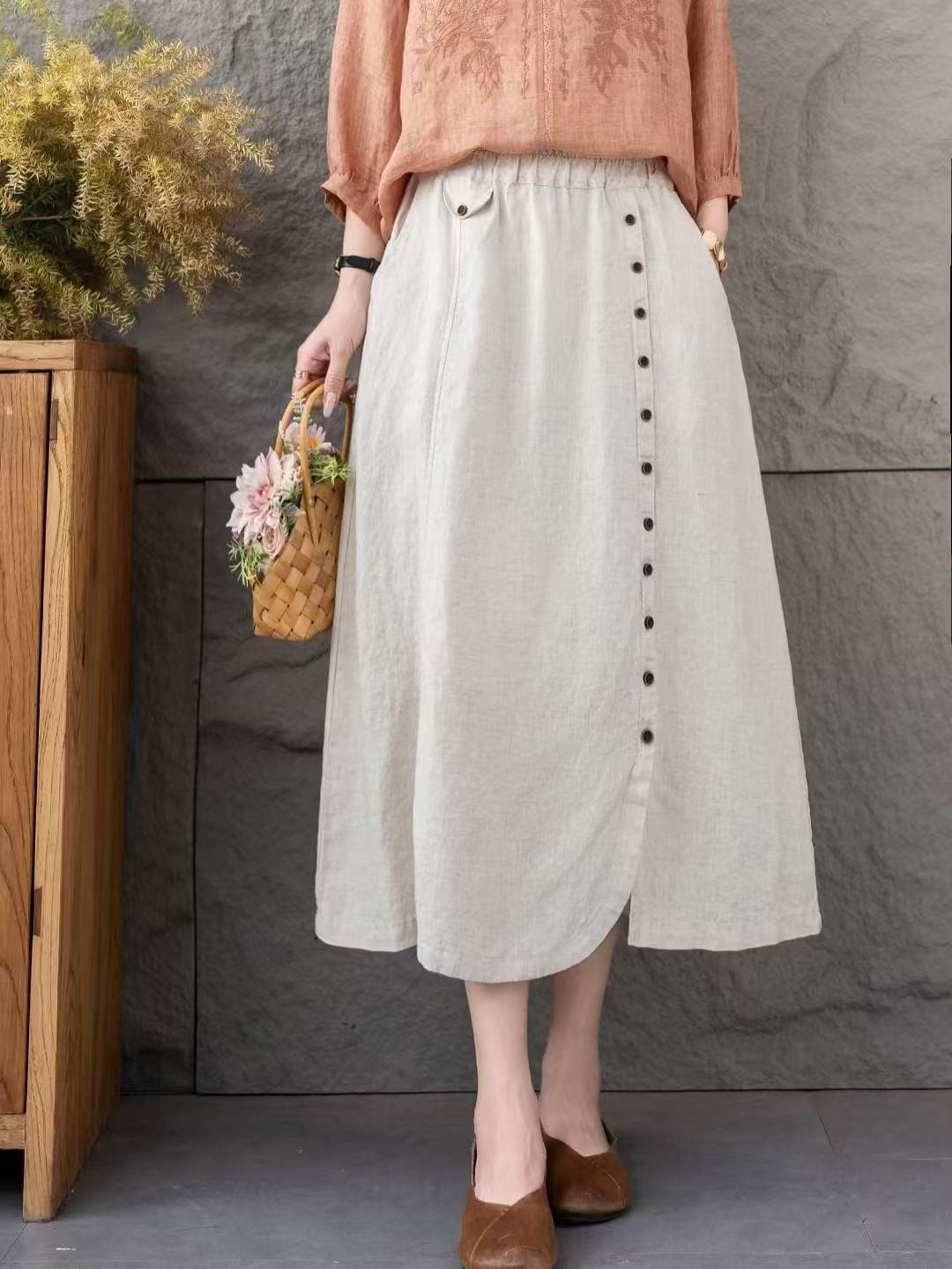  Q253-Chân Váy Linen Điểm Nút 
