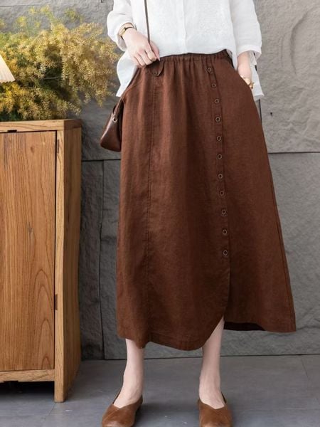  Q253-Chân Váy Linen Điểm Nút 