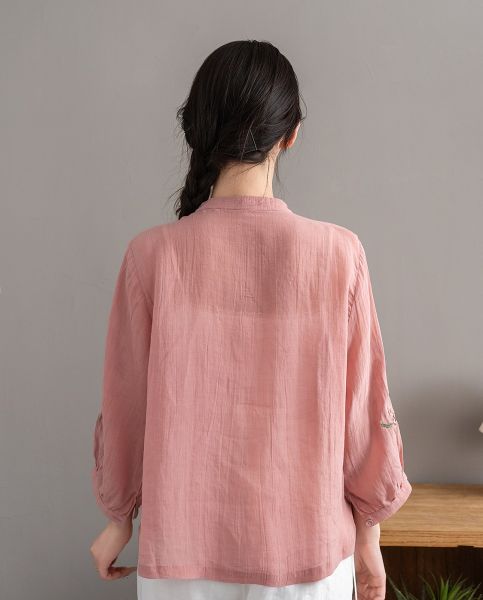  A600-Áo Ramie Thêu Hoa Lá Cổ Tay Thanh Lịch Cổ Điển 