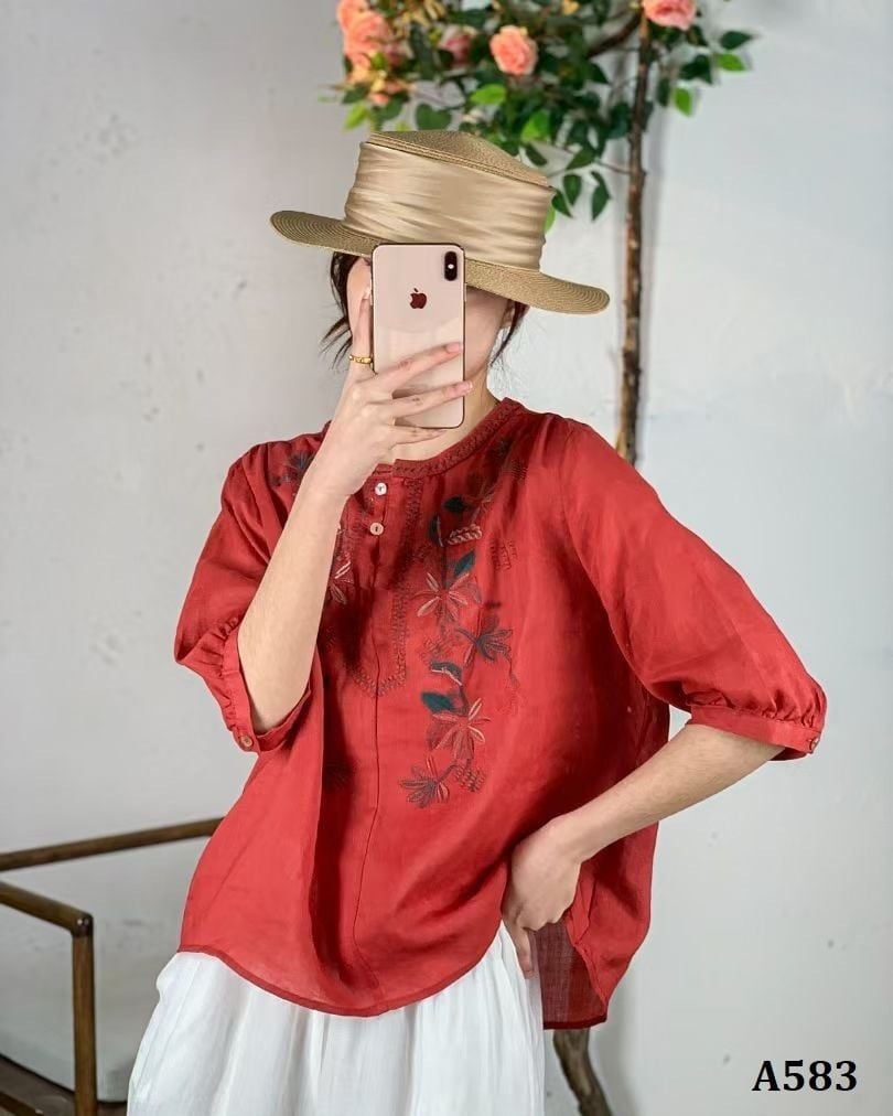  A583-Áo Ramie Thêu Nhánh Hoa Đối Xứng Nghệ Thuật 