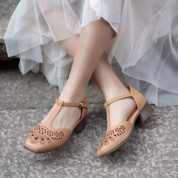  G196-Giày Sandal Retro Khắc Hoa Văn Nghệ Thuật Cho Nữ 