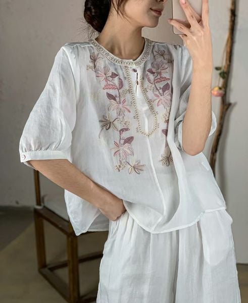  A583-Áo Ramie Thêu Nhánh Hoa Đối Xứng Nghệ Thuật 