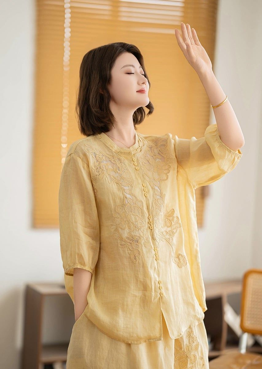  A686-Áo Ramie Thêu Hoa Nghệ Thuật Thanh Lịch Cổ Điển 