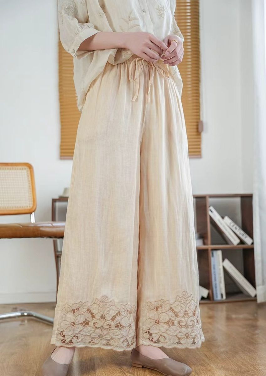  Q286-Quần Ramie Hai Lớp Ống Rộng Ren Ống Nghệ Thuật 