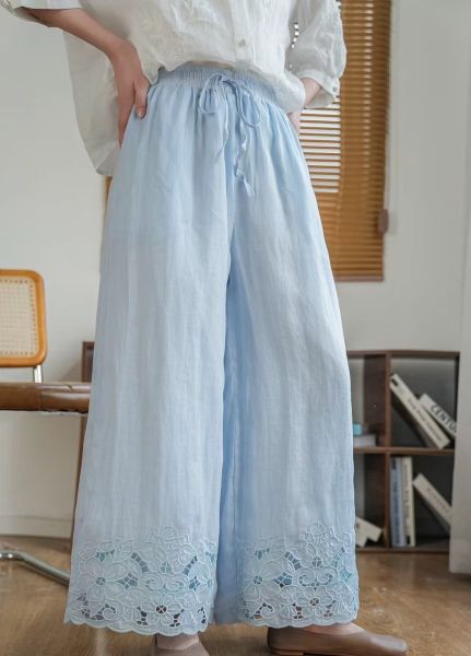  Q286-Quần Ramie Hai Lớp Ống Rộng Ren Ống Nghệ Thuật 