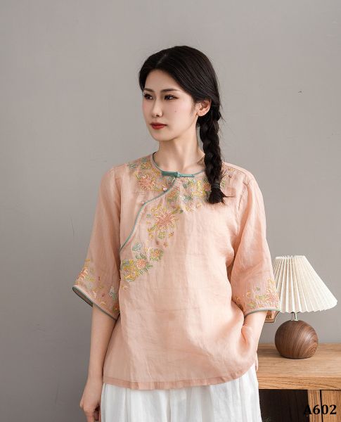  A602-Áo Ramie Thêu Hoa Nút Xiên Thanh Lịch Cổ Điển 