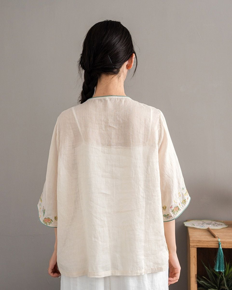  A602-Áo Ramie Thêu Hoa Nút Xiên Thanh Lịch Cổ Điển 