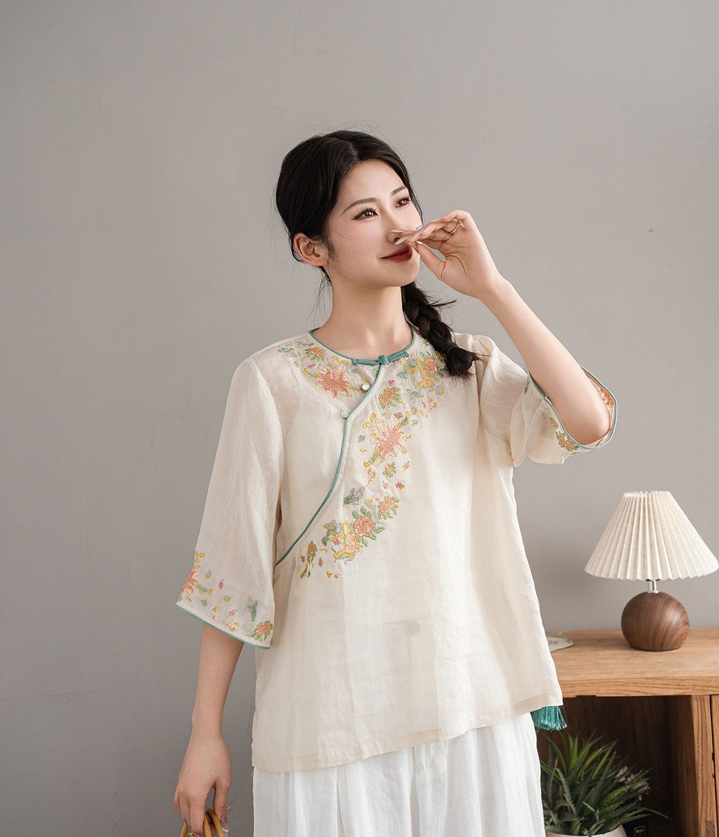  A602-Áo Ramie Thêu Hoa Nút Xiên Thanh Lịch Cổ Điển 