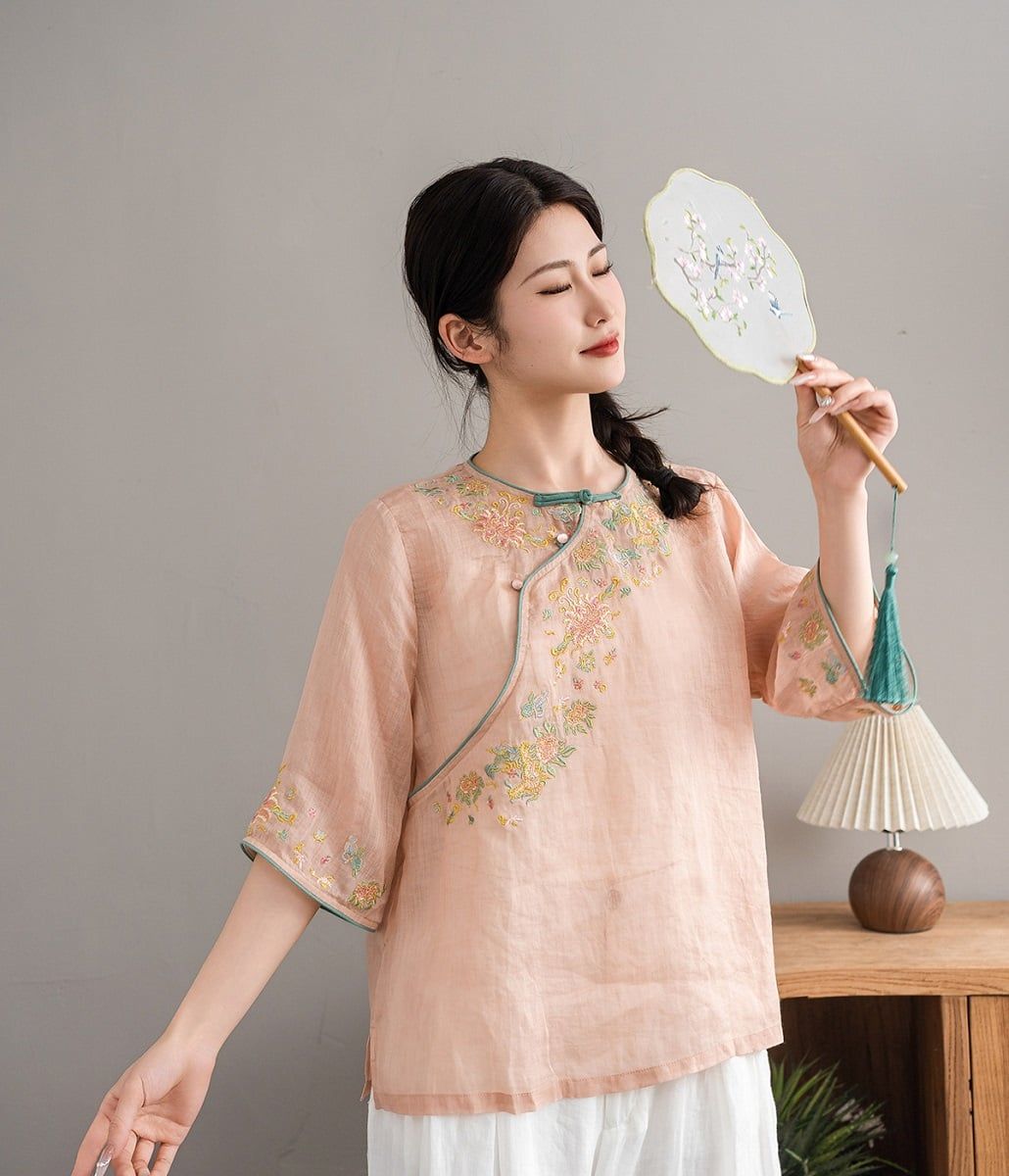  A602-Áo Ramie Thêu Hoa Nút Xiên Thanh Lịch Cổ Điển 