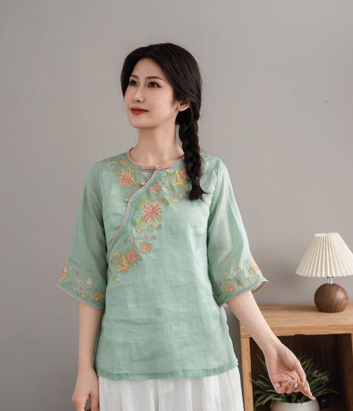  A602-Áo Ramie Thêu Hoa Nút Xiên Thanh Lịch Cổ Điển 