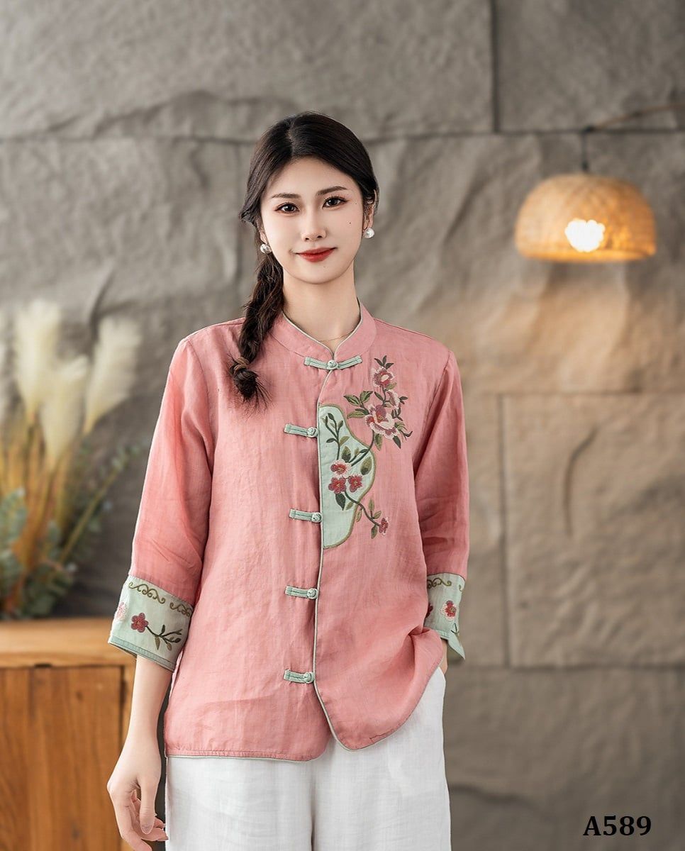 A589-Áo Ramie Cổ Đứng Thêu Hoa Phối Màu Nghệ Thuật Cổ Điển 