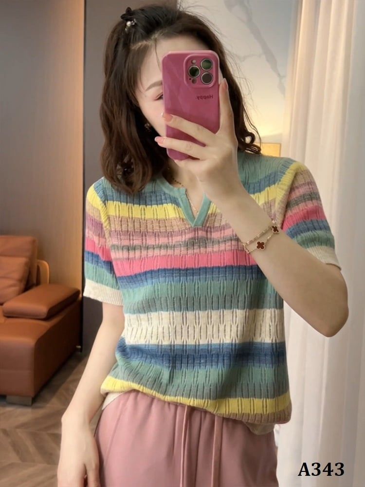  A343-Áo Len Sắc Màu Cầu Vồng Tay Ngắn 