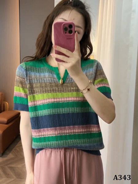  A343-Áo Len Sắc Màu Cầu Vồng Tay Ngắn 
